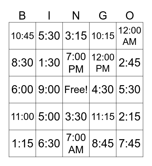 Telling Time Bingo Card