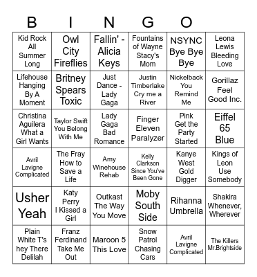 2000s Pop Hits Bingo Card