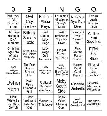 2000s Pop Hits Bingo Card