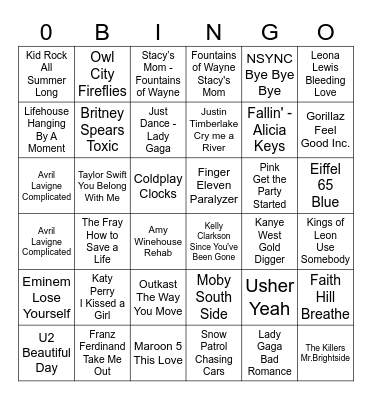 2000s Pop Hits Bingo Card