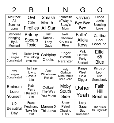 2000s Pop Hits Bingo Card
