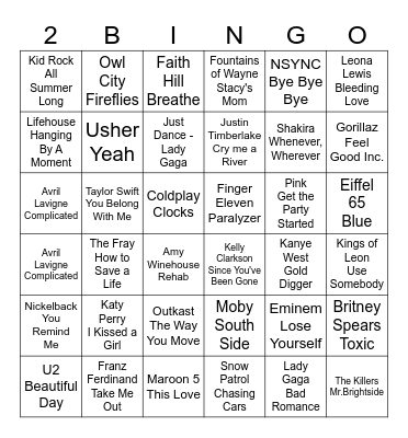 2000s Pop Hits Bingo Card