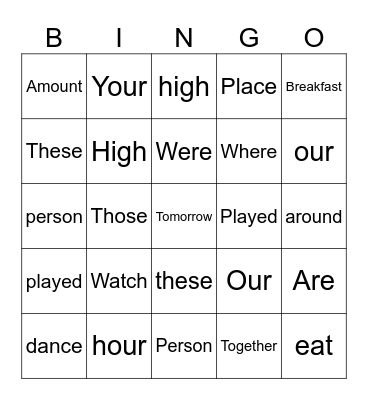 Spelling Week 8: Commonly Used Words Bingo Card