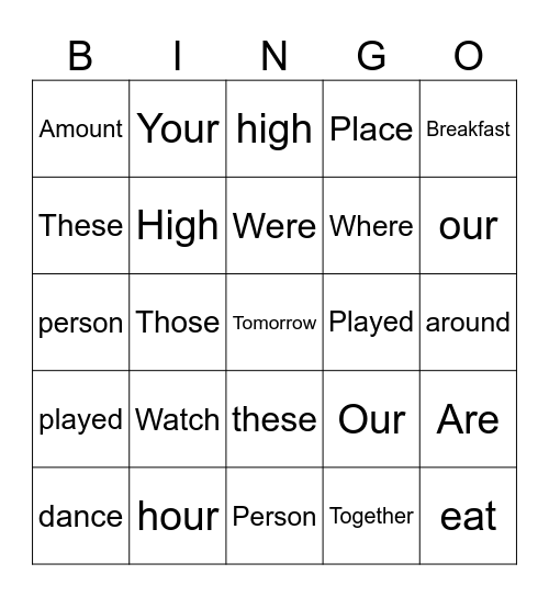 Spelling Week 8: Commonly Used Words Bingo Card