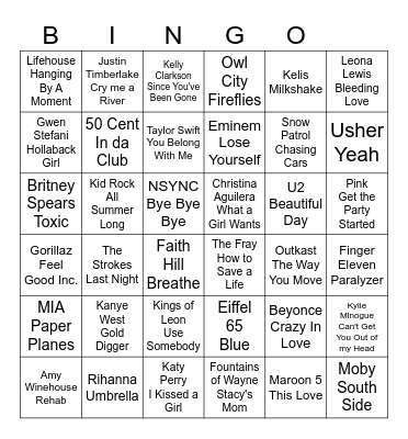 2000s Pop Hits Bingo Card