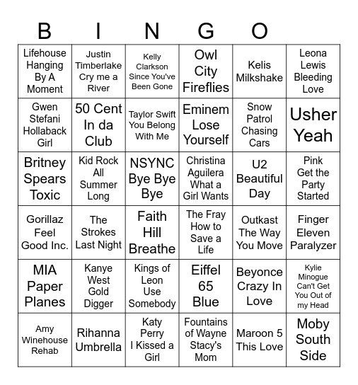 2000s Pop Hits Bingo Card