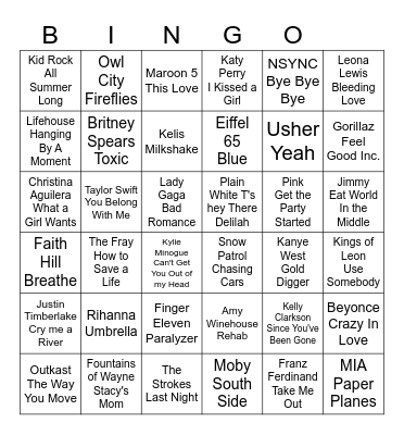 2000s Pop Hits Bingo Card
