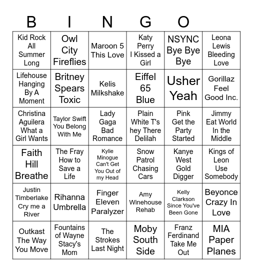 2000s Pop Hits Bingo Card
