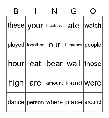 Spelling Week 8: Commonly Used Words Bingo Card