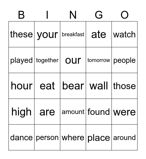 Spelling Week 8: Commonly Used Words Bingo Card