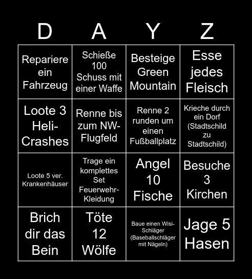 DayZ Bingo Card