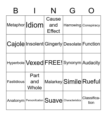 Analogies, Figurative Language, Vocabulary Bingo Card