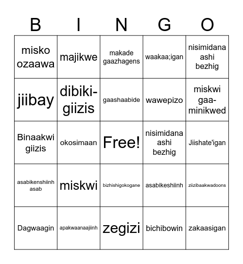 Waweyazh-inapizo Giizhigad Bingo Card
