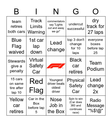 US Texas GP 2023 Bingo Card