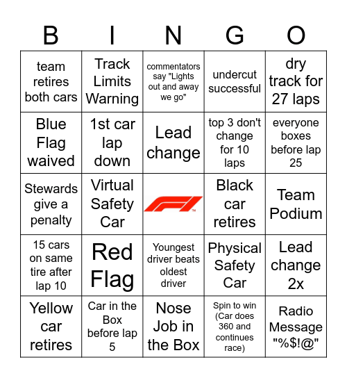 US Texas GP 2023 Bingo Card