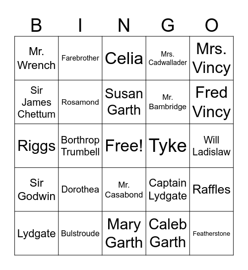 Middlemarch Character Bingo Card