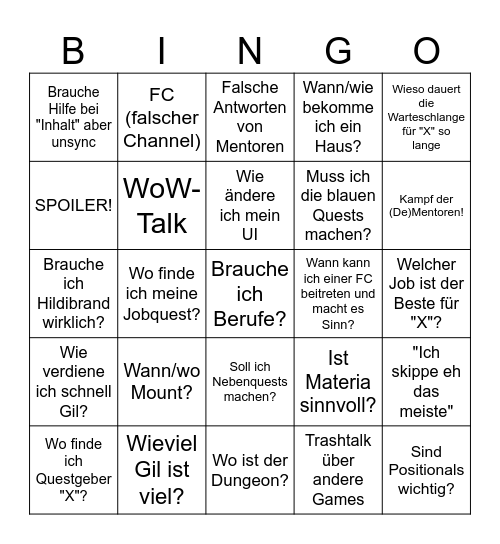Neulingschat-Bingo Card