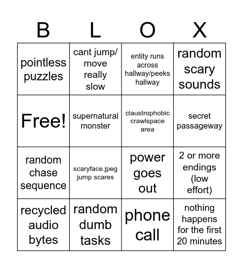 Roblox horror game tropes Bingo Card