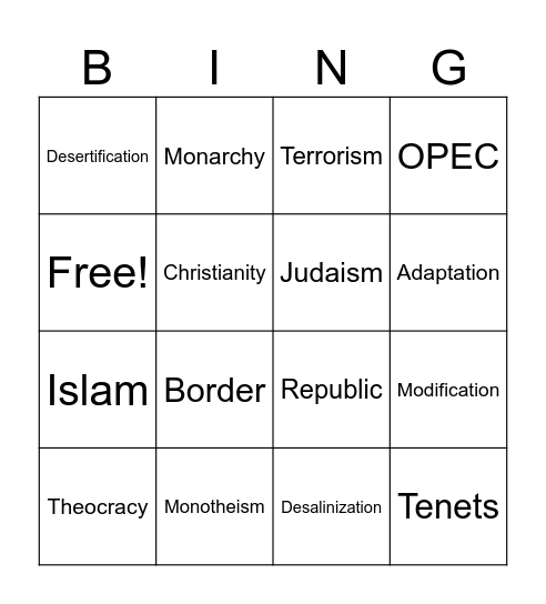 Unit 7 Southwest Asia Bingo Card