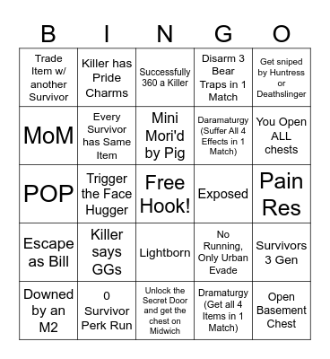 Survivor DBD Card Bingo Card