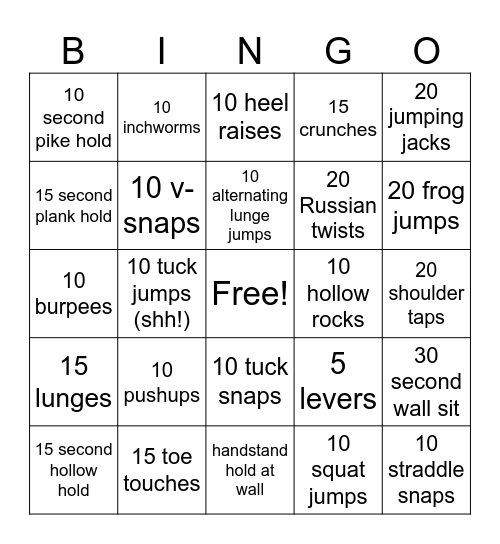 Conditioning Bingo! Bingo Card