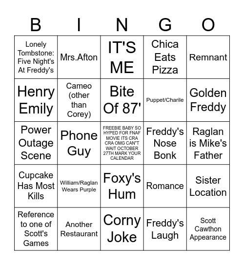 FNAF Movie Bingo Card Bingo Card