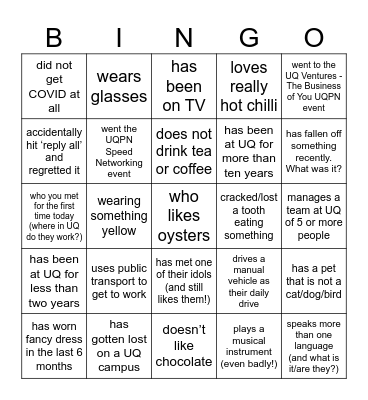 UQPN Icebreaker Bingo Activity Bingo Card