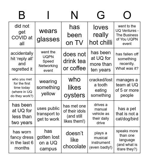 UQPN Icebreaker Bingo Activity Bingo Card