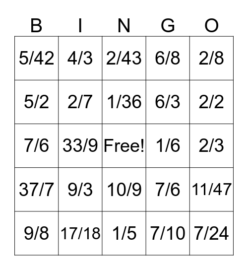 Fraction Bingo  Bingo Card