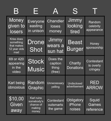 Mr Beast Bingo Card