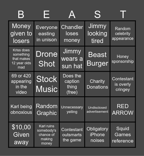 Mr Beast Bingo Card