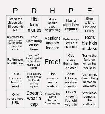 Mr Davidsons's Class Bingo Card