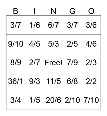 Fraction Bingo Card