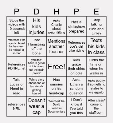 Mr Davidsons's Class Bingo Card