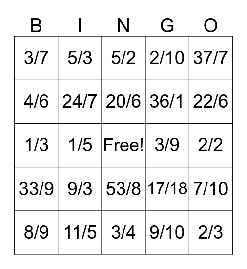 Fraction Bingo Card