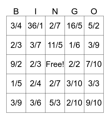 Fraction Bingo Card