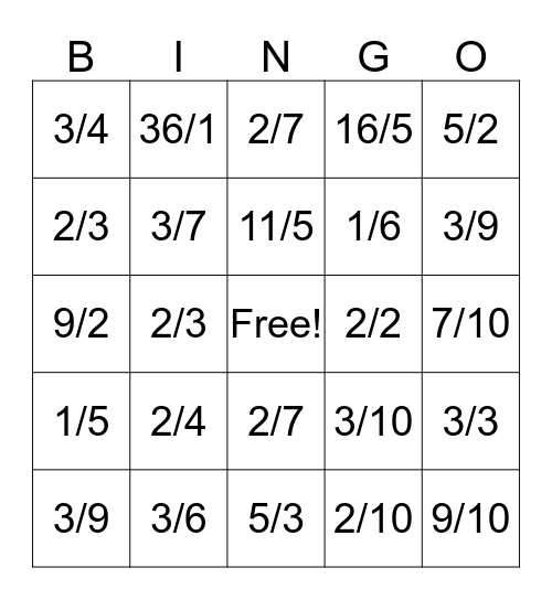 Fraction Bingo Card