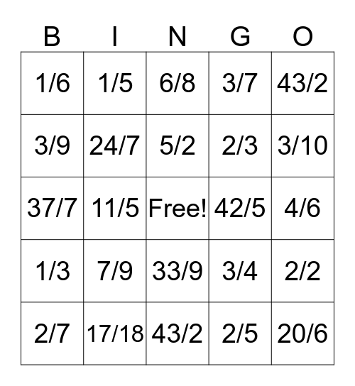 Fraction Bingo Card