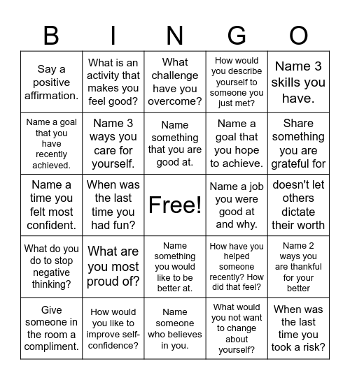 Self Confidence Bingo Card