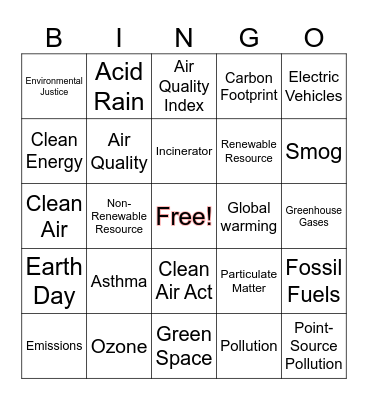 Air Pollution Bingo Card