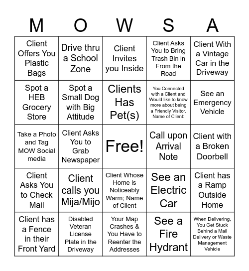 Meals on Wheels San Antonio Bingo Card