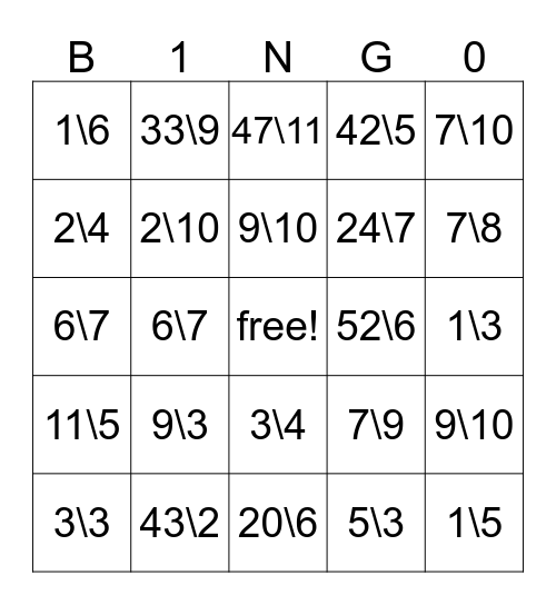 Fraction Bingo (Ben) Bingo Card