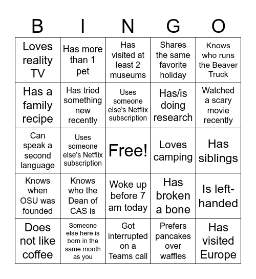 Team Bonding Bingo Card