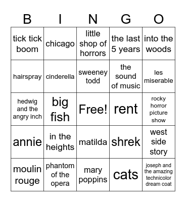 movie musicals but like movies from musicals Bingo Card