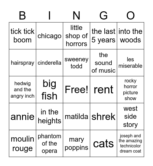 movie musicals but like movies from musicals Bingo Card