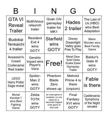 Game Awards 2023 Bingo Card