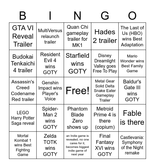 Game Awards 2023 Bingo Card