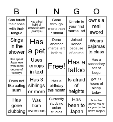 UBC Kendo Bingo 2023 Bingo Card
