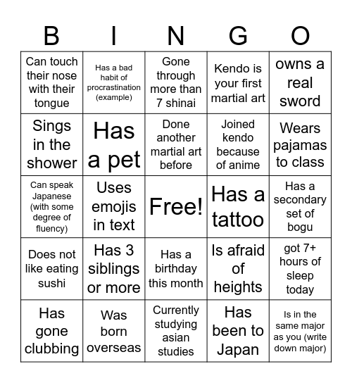 UBC Kendo Bingo 2023 Bingo Card