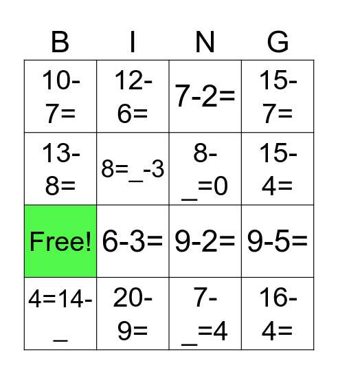 1st grade Subtraction Bingo Card